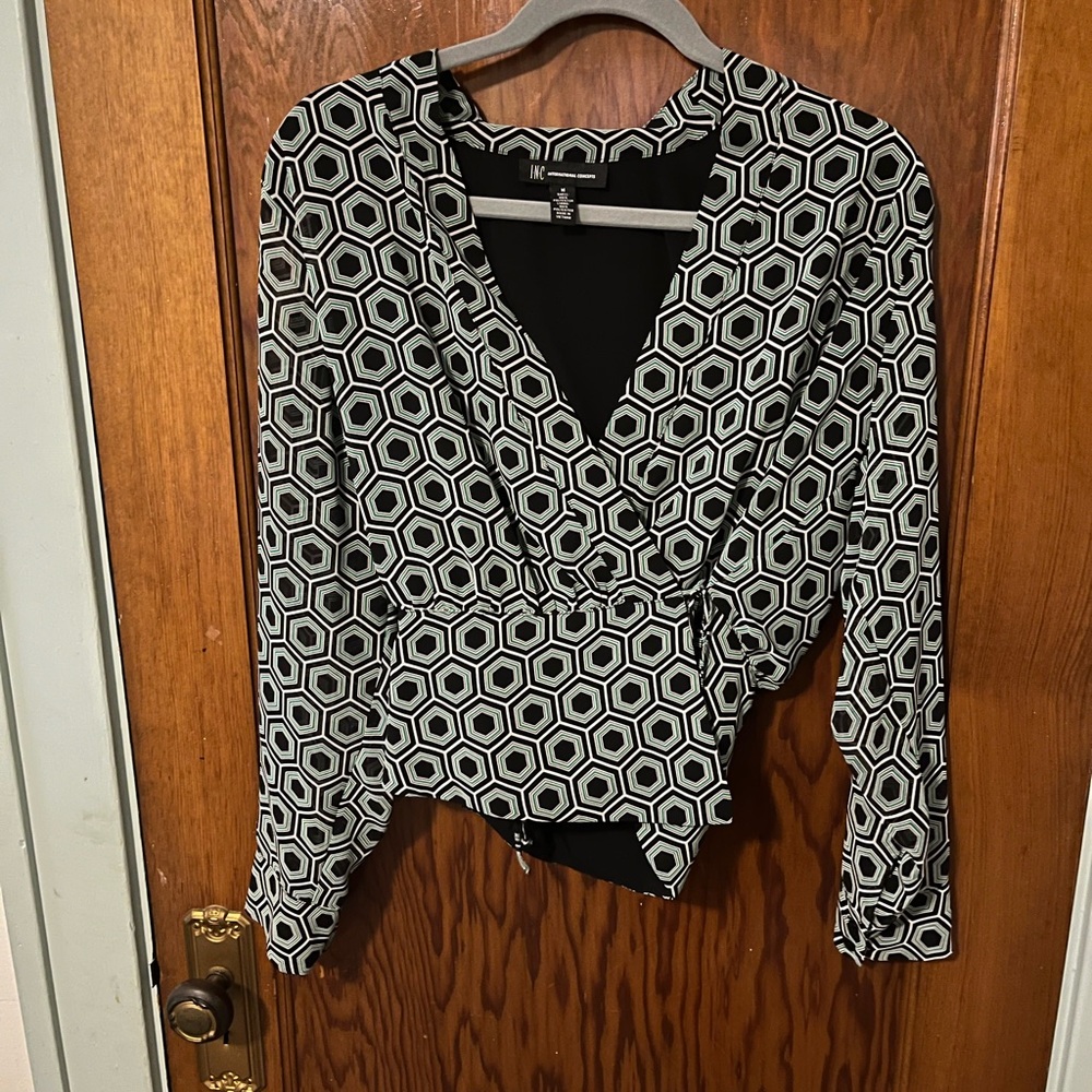 INC International Concepts Black and White Fitted Wrap Bodysuit